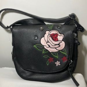 New Black Crossbody Flap Bag with Rose Design